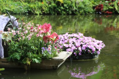 Tekne, yaz aylarında bir göletin su yüzeyindeki pembe petunyalar ve kırmızı amarilllis de dahil olmak üzere renkli çiçeklerle dolu. Sahne çevresindeki yemyeşil alanları da içeriyor..