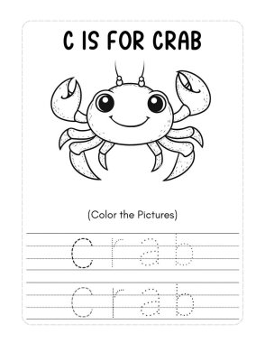 Çocuklar için basit bir boyama kitabı sayfası, sevimli bir yengeç karikatürü. 