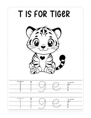 Çocuklar için basit bir boyama kitabı sayfası. İçinde kocaman, sevimli bir kaplan var. Büyük harflerle 