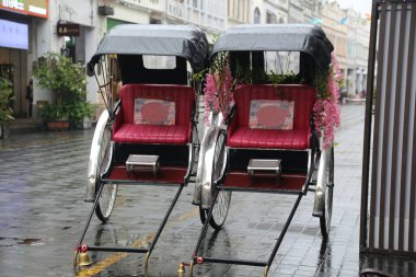 Haikou sokaklarında iki siyah ve kırmızı triportör vagonu. Dikiz aynalarından sarkan pembe çiçekler, gümüş tekerlekler ve beyaz deri koltuklar. Fotoğraf yağmurlu havalarda dışarıda çekildi.