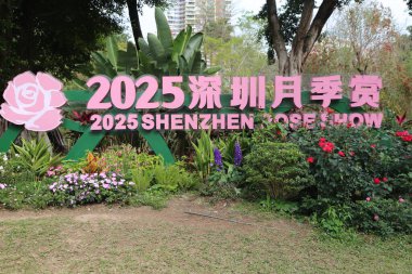 2025 Shenzhen Rose Show için bir işaret. Tabela pembe ve Çince yazılmış. İşaret çiçekler ve bitkilerle çevrili.