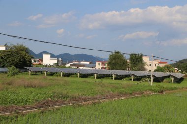 Güney Çin 'deki pirinç tarlalarında, tepelerinde bir dizi güneş paneli var. Önlerinde beyaz duvarları ve kırmızı kiremitleri olan birkaç küçük ev var..