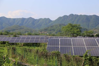 Arka planda bitkiler ve ağaçlarla çevrili, dağları ve yeşilliği olan bir güneş çiftliği. Zemin, elektrik üretmek için güneş ışığını yakalayan fotovoltaik panellerle kaplı.