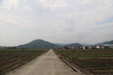 Uzakta, her iki tarafında yeşil tarlalar ve önünde evler olan boş bir yol var. Yakın mesafeden, arka planda küçük tepeler görülebilir. Gökyüzünde beyaz bulutlar var..