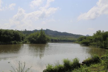 Geniş bir nehir, arka planda yeşil bitki örtüsü ve tepelerle çevrili. Gökyüzü birkaç bulutla temiz. Suyun bir tarafında ağaçlar ve çalılar olan bir ada var.