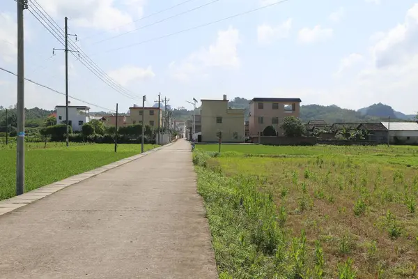 Önünde açık bir alan ve her iki tarafında yeşil pirinç tarlaları olan köye giden bir yol var. Tarlaların arkasında birkaç ev var. Yan tarafta birkaç bina var..