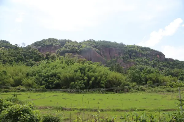 Uzakta, önünde yeşil ağaçlar ve pirinç tarlalarıyla çevrili antik bir kırmızı taş dağ var. Gökyüzü masmaviydi, beyaz bulutlar yüzüyordu..