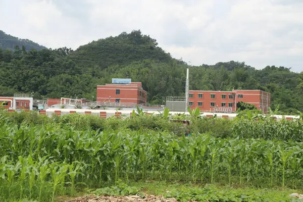 Mısır tarlasında, her iki tarafında kırmızı tuğla binalar ve yeşil bitki örtüsü olan bir sanayi parkı var. İnşaat kompleksi arasında depolama, sanayi evleri, su arıtma tesisleri, beyaz çiftlik evi tarzı fabrika blokları ve diğer yapılar yer alıyor.