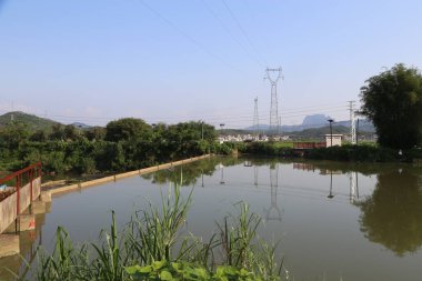 Üzerinde köprü olan bir su kütlesi. Su kahverengidir. Arka planda ağaçlar var.