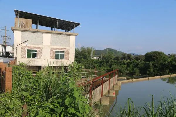 Güney Çin 'in kırsal kesiminde, tepesinde güneş panelleri olan eski bir beyaz tuğla bina ve önünde kırmızı metal korkuluk köprüsü bulunan küçük bir nehrin yanında büyüyen yeşil bitkiler var.