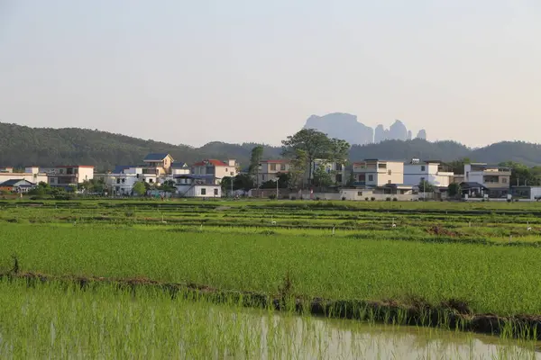Önünde beyaz duvarları ve siyah fayansları olan bir apartman kompleksi var. Arkalarında dağlar uzanırken, diğer evler bu binaların her iki tarafından da görülebiliyor..