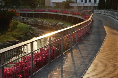 Kentin nehir kıyısında çiçekli kavisli bir metal korkuluk manzarası. Güneş yaprakların arasından parlıyor ve yanındaki tahta kaldırıma uzun gölgeler bırakıyor..