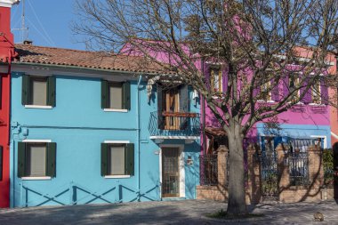 Burano adasının renkli evleri. İtalya 'nın Venedik Bölgesi' nde, Venedik Eyaleti 'nde balıkçı tekneleri ve taş köprüsü olan dar su kanalının fondamenta dolgusu üzerinde çok renkli binalar. Burano kartpostalı