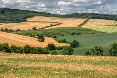 Tarım alanının dalgalı alanları için mükemmel güneş ışığı. Güney Moravya bölgesi, Çek Cumhuriyeti, Avrupa.