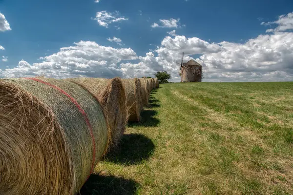 Kyjov, Hodonin İlçesi, Güney Moravya Bölgesi, Moravya, Çek Cumhuriyeti yakınlarındaki yuvarlanan tarlalarda saman balyalarının Idyllic görünümü