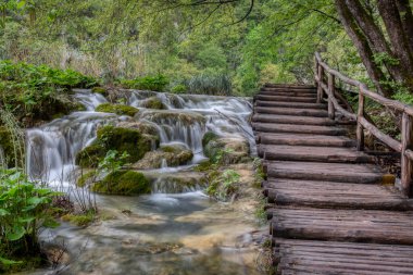 Plitvice Gölleri Ulusal Parkı 'nın cennet şelalelerinin huzurlu manzarası. Hırvat ünlü tatil beldesi.