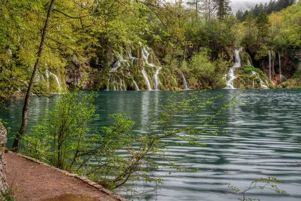 Plitvice Gölleri Ulusal Parkı 'nın cennet şelalelerinin huzurlu manzarası. Hırvat ünlü tatil beldesi.