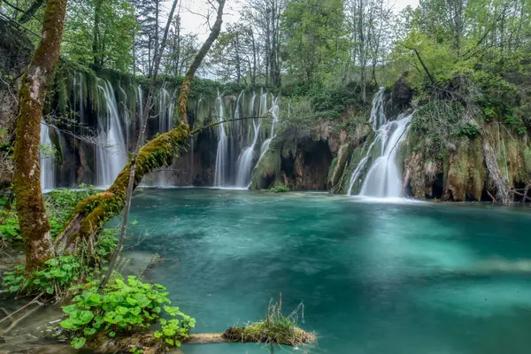 Plitvice gölleri Ulusal Park, Karlovac, Hırvatistan, Avrupa. Cennet bahçesinde turkuaz bir su. Seyahat tutkusu