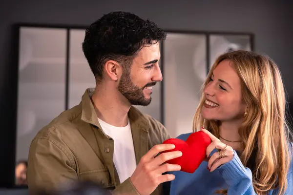 Cheerful Young Woman Receiving Heart Her Boyfriend Valentines Day — Stock Photo, Image