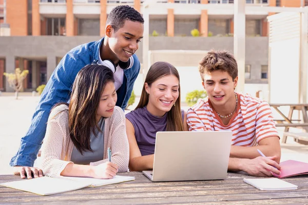 一组由4名学生组成的小组 他们带着笔记本电脑和便条坐在校园附近复习考试 高质量的照片 — 图库照片