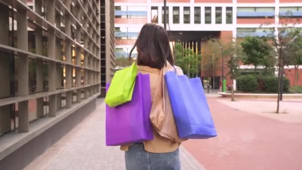 Uma Bela Mulher Modelo Andando Com Sacos Compras Comprar Roupas — Vídeo de Stock