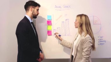 İki işadamı proje sonuçlarını beyaz tahtada tartışıyor. Takım, arkadaşlık ve çeşitlilik kavramları.