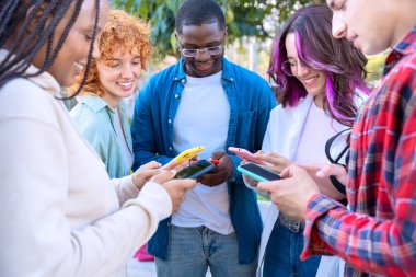 Akıllı telefonlarına bakan bir grup arkadaş kampüste interneti cep telefonuyla tarıyor.