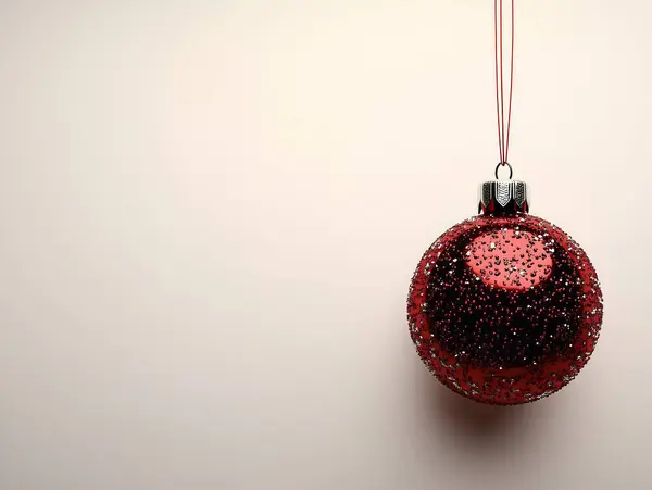  Parlak kırmızı bir Noel süslemesinin minimalist bir görüntüsü temiz beyaz bir arkaplanda asılı duran bir kurdele, bayramın zarafetini ve sadeliğini simgeliyor..