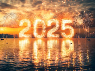 A stunning fireworks display over water with the glowing numbers 2025,celebrating the new year. Perfect for New Years Eve celebrations, countdown events, fireworks, and festive moments clipart