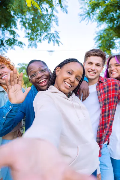  Mutlu bir grup genç arkadaş doğal bir ortamda selfie çekiyorlar. Çeşitli, gülümseyen ve kameraya el sallayan güneşli gökyüzünün altında neşe ve arkadaşlık yayıyorlar. Dikey
