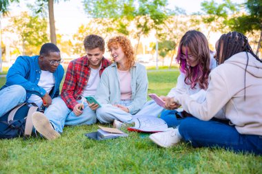  Parkta çimlerin üzerinde oturan beş farklı öğrenci, kitaplar, defterler ve akıllı telefonlar üzerinde çalışıyor ve etkileşim kuruyorlar. Doğal ışık altında rahat ve işbirlikçi bir öğrenme ortamı.