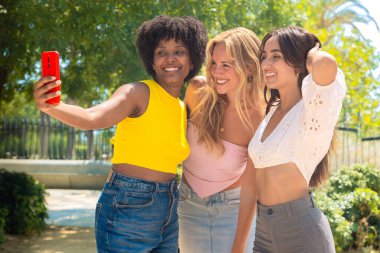 Üç genç kadın dışarıda oturuyor, gülümsüyor ve birlikte eğlenceli bir selfie çekiyorlar. Arkadaşlık, mutluluk, sosyal medya ve açık hava yaşam tarzı gibi kavramlar için mükemmel..