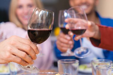 Tanımlanamayan mutlu arkadaşlarımızın neşeli bir akşam yemeği partisinde kırmızı şarapla kadeh kaldırması. Masada sıcak ve canlı bir atmosferde kutlama, dostluk ve güzel yemekler.. 
