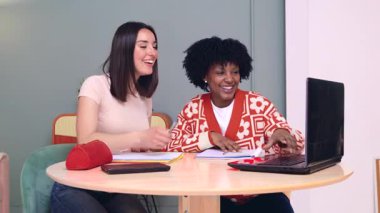 Kafkas ve Afro-Amerikalı öğrenciler dizüstü bilgisayar ve not defteri kullanarak birlikte çalışırlar. Odaklanmış ve neşeli bir şekilde, öğrenme, çeşitlilik ve takım çalışmasını temsil eden, kapalı bir alanda işbirliği yaparlar. Dikey