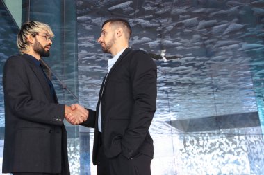 Modern cam bir ofiste takım elbiseli iki profesyonel işadamı el sıkışıyor. İş anlaşması, anlaşma ya da modern tasarım ile kurumsal bir iç mekanda ortaklık. Boşluğu kopyala