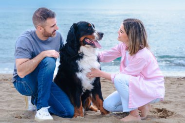 Bernese Dağ Köpeği 'yle okyanusun kenarında kumların üzerinde oturan mutlu çift. Yumuşak doğal ışık ve rahatlatıcı sahil atmosferi altında dostluk, sevgi ve bağın huzurlu bir sahnesi.. 