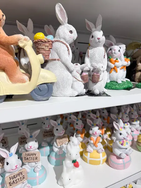 Enfes Paskalya Tavşanı Figürleri Koleksiyonu Basket, Yumurta ve İşaretli Kaprisli Kaprisli Tavşanlar Renk ve Neşe Dolu İlkbahar Gösterimi. Yüksek kalite fotoğraf