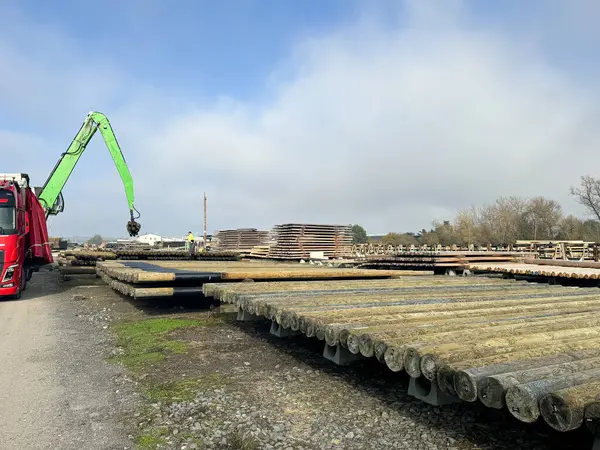 Tahta elektrik direkleri yeşil hidrolik vinç koluyla yükleniyor ya da boşaltılıyor. Açık hava sanayi bölgesinde parçalı bulutlu bir gökyüzünün altında kırmızı bir kamyona bağlı. Yüksek kalite fotoğraf