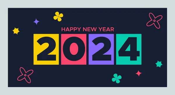 Renkli Minimalist Tasarımla Mutlu Yeni Yıl 2024. Mutlu yıllar 2024 kare şablonu. geçmiş tasarımları, yeni yıl ve sosyal medya promosyon içeriği. Vektör illüstrasyonu