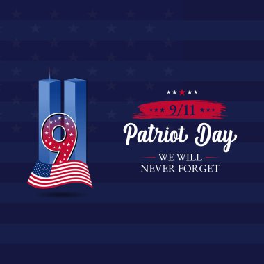 11 Eylül 'ü hatırlıyorum. Vatanseverlik Günü. 11 Eylül. ABD 9 / 11 'i asla unutma. Amerikan Bayrağında İkiz Kuleler. Dünya Ticaret Merkezi 9-11. Kırmızı, beyaz ve mavi renkli Vektör Tasarım Şablonu