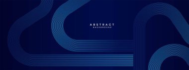 Soyut Koyu Mavi Dalga çemberleri Teknoloji Arkaplanı 'nı çiziyor. Broşür, kapak, poster, afiş, web sitesi, başlık için parlak çizgileri, parlak geometrik şekli ve köşegenli koyu mavi gradyan