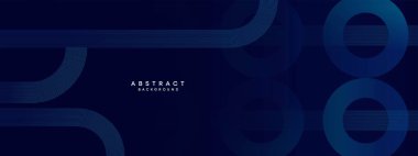 Soyut Koyu Mavi Dalga çemberleri Teknoloji Arkaplanı 'nı çiziyor. Broşür, kapak, poster, afiş, web sitesi, başlık için parlak çizgileri, parlak geometrik şekli ve köşegenli koyu mavi gradyan