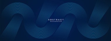 Soyut Koyu Mavi Dalga çemberleri Teknoloji Arkaplanı 'nı çiziyor. Broşür, kapak, poster, pankart, web sitesi, başlık için parlak geometrik şekilli ve köşegen çizgileri olan modern gradyan