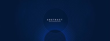 Soyut Koyu Mavi Dalga çemberleri Teknoloji Arkaplanı 'nı çiziyor. Broşür, kapak, poster, pankart, web sitesi, başlık için parlak geometrik şekilli ve köşegen çizgileri olan modern gradyan