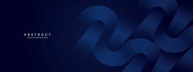 Soyut Koyu Mavi Dalga çemberleri Teknoloji Arkaplanı 'nı çiziyor. Broşür, kapak, poster, pankart, web sitesi, başlık için parlak geometrik şekilli ve köşegen çizgileri olan modern gradyan