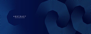 Soyut Koyu Deniz Kuvvetleri Mavi Dalga çemberleri Teknoloji Arkaplanı 'nı çiziyor. Broşür, kapak, poster, pankart, web sitesi, başlık için parlak geometrik şekilli ve köşegen çizgileri olan modern gradyan