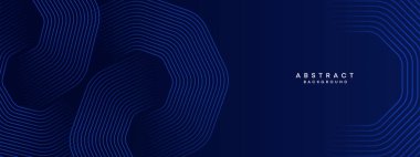 Soyut Koyu Deniz Kuvvetleri Mavi Dalga çemberleri Teknoloji Arkaplanı 'nı çiziyor. Broşür, kapak, poster, pankart, web sitesi, başlık için parlak geometrik şekilli ve köşegen çizgileri olan modern gradyan