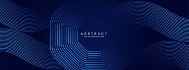Soyut Koyu Deniz Kuvvetleri Mavi Dalga çemberleri Teknoloji Arkaplanı 'nı çiziyor. Broşür, kapak, poster, pankart, web sitesi, başlık için parlak geometrik şekilli ve köşegen çizgileri olan modern gradyan