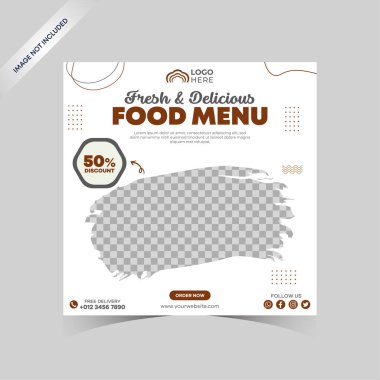 Sosyal medya yemek şablonu. Restoran sosyal medya afişi ticari promosyon için bir şablon. Yemek menüsü afişi sosyal medya paylaşımı. Düzenlenebilir sosyal medya şablonu. Gıda kapağının düz tasarımı