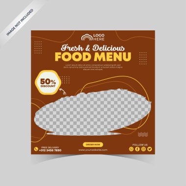 Sosyal medya yemek şablonu. Restoran sosyal medya afişi ticari promosyon için bir şablon. Yemek menüsü afişi sosyal medya paylaşımı. Düzenlenebilir sosyal medya şablonu. Gıda kapağının düz tasarımı